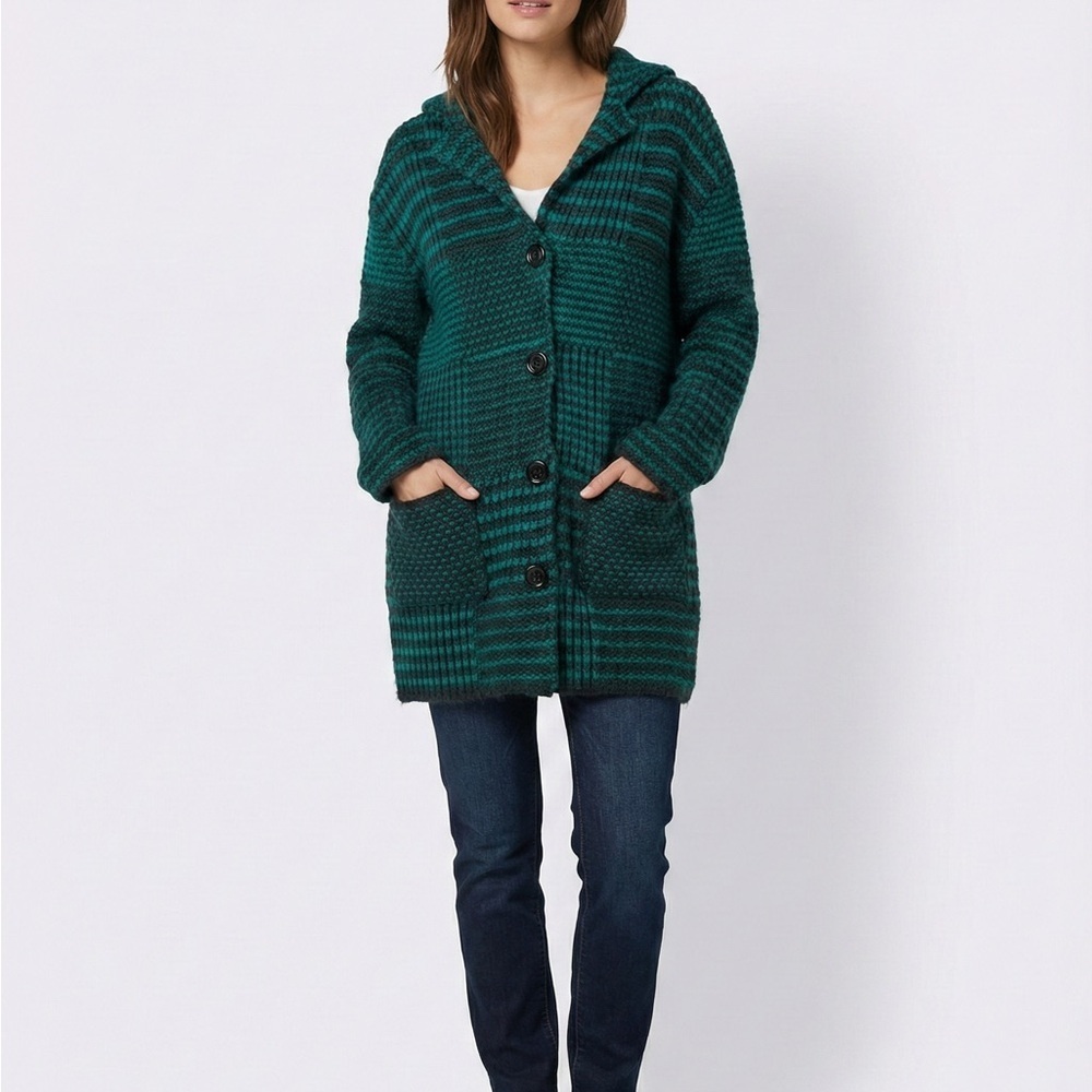 🌿 Desigual Chunky‎ Knit Hooded Cardigan Coatigan Green Black Size Small